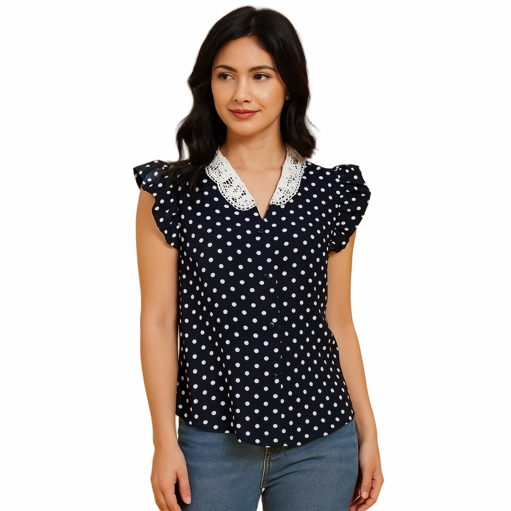 Polka dot Button Down Blouse with Lace Collar and Ruffled Sleeves